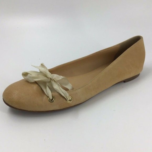 J CREW Women's Sz 7.5 Leather Ballet Flats Made in Italy Flats Beige Ribbon Bow